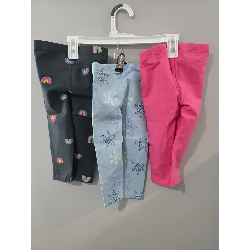 Cat & Jack Girls 18M Leggings 3-Pack Pink/Blue Snowflake/Black Rainbow Cotton